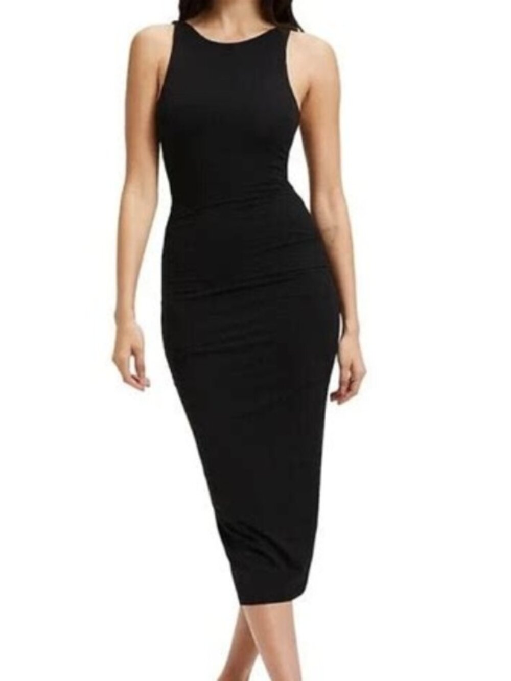 Good American Black Ribbed Sleeveless Lined MIDI Crew Neck Body-con Dress. 2